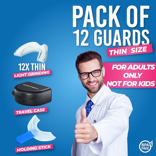 HONEYBULL Anti Grinding Guard Set for Light Grinding, Comfortable Custom Mouth Guard for Nighttime Teeth Grinding (12 Pack - Thin) - size: Thin