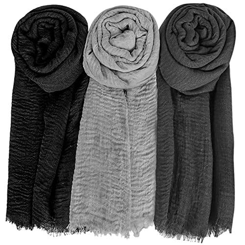 Summer Cotton Blend Crinkle Vintage Soft Scarf with Fringed Edges 35" × 70" - color: Black/Gray/Dark Gray