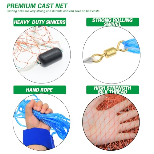 Saltwater Fishing Cast Net Eco-Friendly Rubber Sinker 1/2 Inches Mesh for Bait Shrimp Trap Fish Size 4FT/5FT/6FT/7FT/8FT/9FT/10FT/11FT/12FT Radius - color: red, size: 5ft