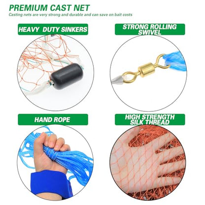 Saltwater Fishing Cast Net Eco-Friendly Rubber Sinker 1/2 Inches Mesh for Bait Shrimp Trap Fish Size 4FT/5FT/6FT/7FT/8FT/9FT/10FT/11FT/12FT Radius - color: red, size: 10ft
