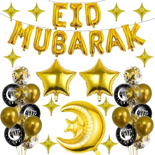 Eid Mubarak Decorations Set - Black and Gold Ramadan Party Supplies including Banner, Balloons for Muslim Islamic Eid Al-Fitr Home Wall Decor (gold)
