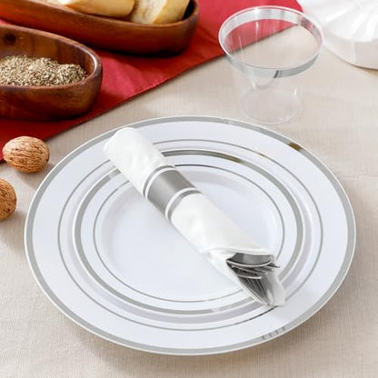 Elama 350 Piece Disposable Plastic Dinnerware Party Set for 50 Guests in White with Silver Trim