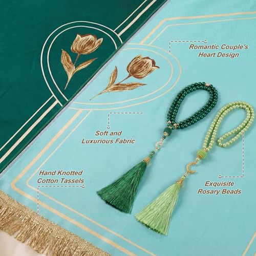 Drydiet 2 Pcs Muslim Couple Prayer Rug Set Heart Design with 2 Pcs Prayer Beads Islamic Muslim Gift Green Travel Mat Soft Velvet Mat for Couple Women Men Ramadan Eid Wedding Birthday - color: Sea Green