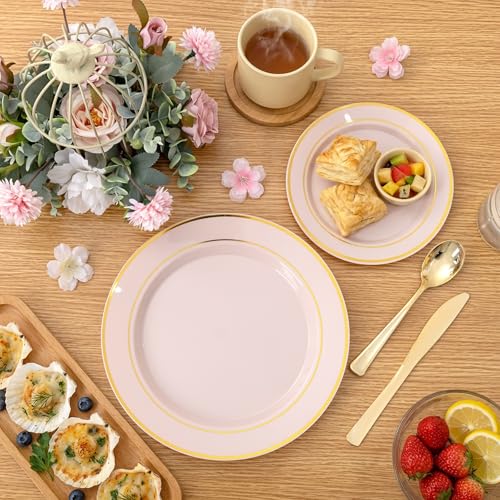 WDF Partyware 175PCS Pink plastic Plates - Pink Disposable Plates 25Guests Disposable Dinnerware Sets with Rolled Napkins for Wedding/Birthday/Baby Shower - color: Pink, size: 175PCS