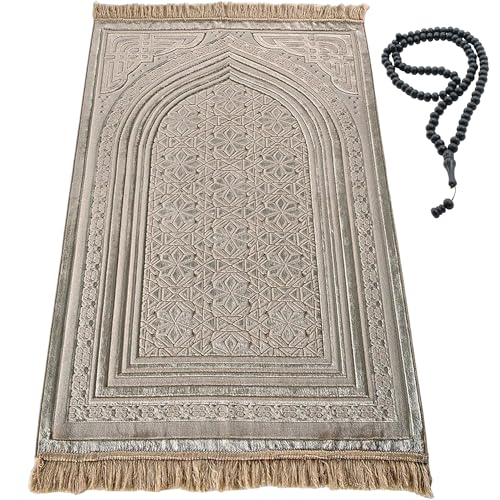 Modefa Luxury Velvet Prayer Rug with Prayer Beads | Soft Elegant Muslim Turkish Janamaz Sajada Carpet for Men and Women | Plain Solid Prayer Mat Ramadan Eid Gift - Najma (Mink) - color: Najma Mink