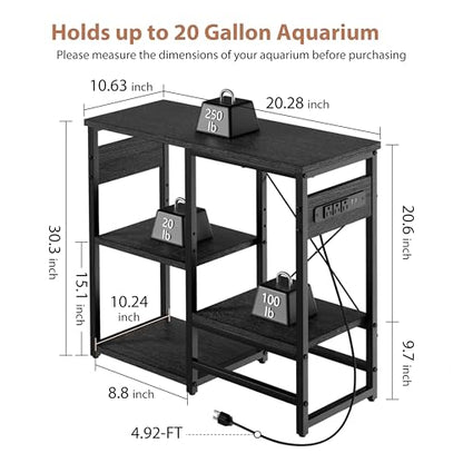 GRLEAF 5-10 Gallon Fish Tank Stand with Power Outlets, 4 Tier Metal Aquarium Stand with Wood Storage Shelves, 20.3" L x 10.6" W x 30.3" H Turtle Reptile Fish Tank Table Aquarium Table - Black - size: 5-10 Gallon