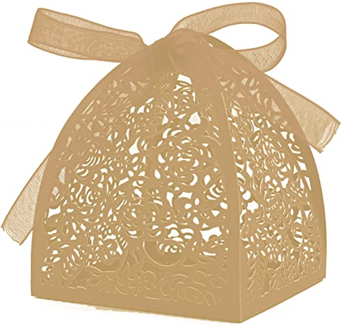Auto-plaza 50 Pieces Beauty Laser Cut Favor Boxes DIY Wedding Birthday Gift Candy Boxes with Ribbons (Kahki) - color: Kahki