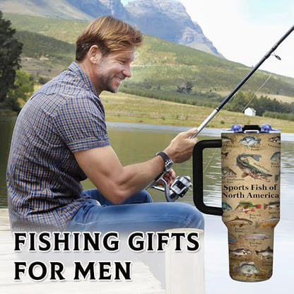 Fish Gifts for Dad, 40oz Tumbler with Handle and Straw, Fishing Gifts for Men, Birthday Gifts for Fisherman, Party Supplies, Fishing Coffee Mug, Stainless Steel Cup - color: Fish-BM