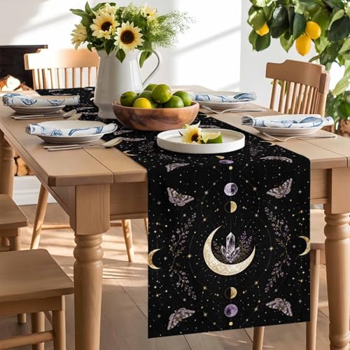 Whimsical Moon Table Runner Mysterious Dark Cosmic Crystal Purple Moths Flower 13x72 Inches Long Cotton Linen Table Runner Burlap Style for Dinner Table Party Decor Tabletop Decorations - size: 13" x 72"