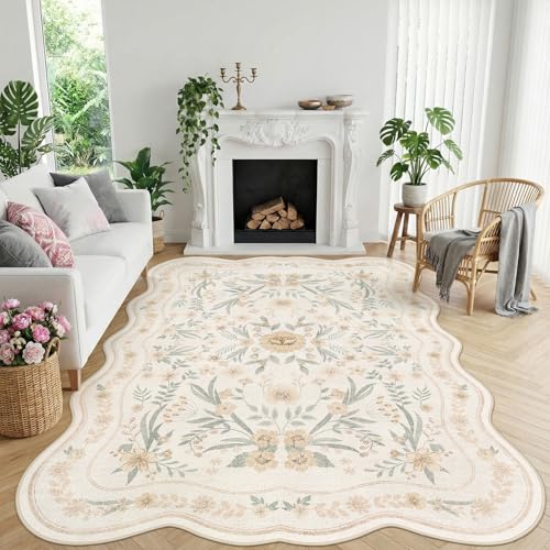 Scalloped Floral Rug 7x9, Neutral Beige Washable Non Slip Area Rug for Living Room, Soft Low Pile Cream Cottagecore Rug for Bedroom, Nursery, or Dining Room - color: Beige Scalloped, size: 7' x 9' (Rectangular)