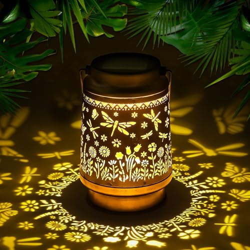 Dragonfly Birthday Gifts for Women Mom Grandma, Solar Lanterns Outdoor Waterproof Garden Decor Hanging Lantern Lights, Metal LED Decorative Gardening Light for Patio Yard Porch - color: Dragonfly