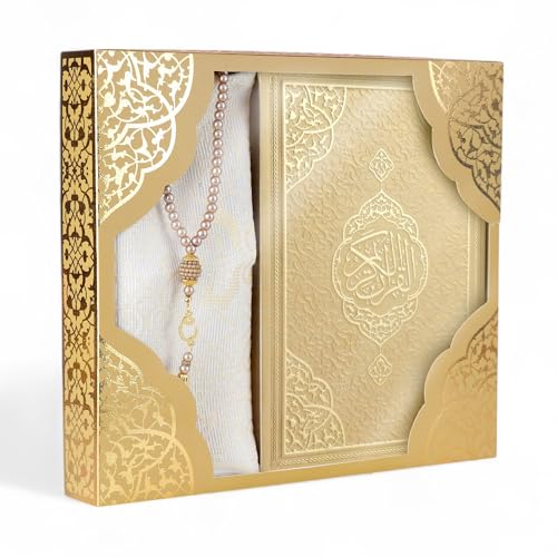FURKAN Thermo Leather Quran with Gold Prayer Rug and Prayer Beads, Zuhre Gift Box - Gold - color: Gold