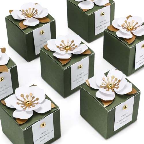 Affrolling 50 Pcs Wedding Favor Boxes with Thanks Card Square Flower Candy Boxes Paper Bridal Gift Box for Guests Wedding Bridal Shower Birthday Party Anniversary(Green) - color: Green