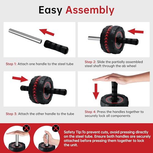 Ab Roller Wheel for Abs Workout - Core Strength Training Equipment for Home Gym with Knee Pad, Abdominal Exercise Wheel for Men and Women (Red)