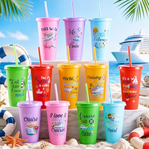 Chuangdi 12 Pcs Cruise Ship Gifts Bulk Nautical Birthday Party Favors 24 oz Funny Cruise Tumbler with Lid and Straw, Reusable Plastic Beach Travel Cups for Sailor Carnival Nautical Party Supplies - style: Cruise Theme