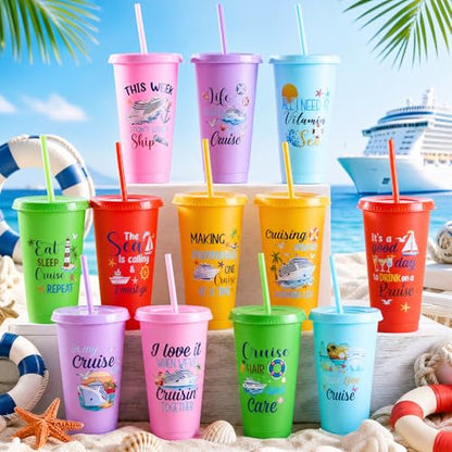 Chuangdi 12 Pcs Cruise Ship Gifts Bulk Nautical Birthday Party Favors 24 oz Funny Cruise Tumbler with Lid and Straw, Reusable Plastic Beach Travel Cups for Sailor Carnival Nautical Party Supplies - style: Cruise Theme