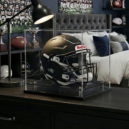 Football Helmet Display Case Full Size,Acrylic Helmet Display Case Black Acrylic Base,Self-Assembly Helmet Display Box Protection Holder Dustproof Sports Collectibles Storage Showcase - size: 14.2x11x12.6 inch