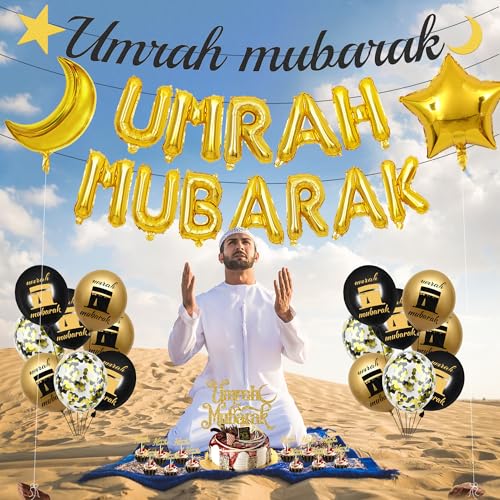 Umrah 무바라크 장식 라마단 이드 - 44피스 블랙 골드 하즈 라마단 장식 풍선 배너 케이크 토퍼 스타 문 파티 용품 가정용 Lslamic Muslim Al Fitr Eid Umrah 무바라크 파티 선물