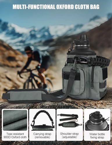 Tactical Half Gallon Water Bottle with Straw, 64 Oz Insulated Water Jug with Molle Water Bottle Holder, Stainless Steel Sport Bottle with 3 BPA Free Lids for Gym Workout Hiking (64oz-Gray) - color: 64oz-Gray