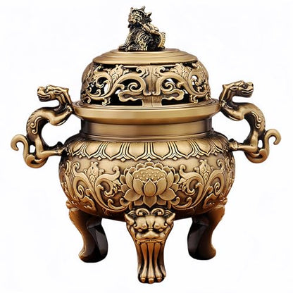 Solid Brass Chinese Incense Burner, Antique Censer, 670g, 2.76in Opening | Feng shui incense burner, Fu Lion Foo Dog lid, altar, home shrine, meditation corner, office desk, brings harmony and peace