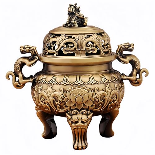 Solid Brass Chinese Incense Burner, Antique Censer, 670g, 2.76in Opening | Feng shui incense burner, Fu Lion Foo Dog lid, altar, home shrine, meditation corner, office desk, brings harmony and peace