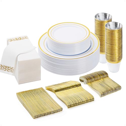 BESTVIP 175 PCS Disposable White and Gold Plastic Plates for 25 Guests - color: Gold, size: 25 Guests