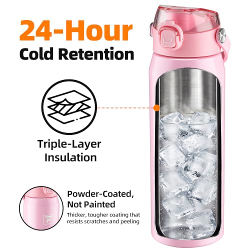 Fanhaw 24 oz Insulated Stainless Steel Water Bottle with 2-in-1 Straw& Chug Lid, Leakproof Wide Mouth Vacuum Bottle for School, Sports, Kids, Teens& Adults, Back to School Essentials (Pink) - color: Pink