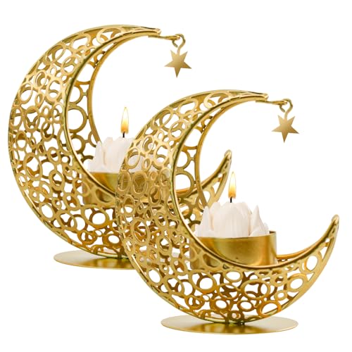 Moon Candle Holders Set of 2, Metal Tealight Candle Holder for Table Centerpiece Decorative Votive Candlesticks Holder for Party Home Decor (Gold) - color: Gold