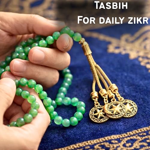 Amazing Gemstone Crystal Tasbeeh with Moon and Star Charm - Certified Crystal Muslim Prayer Beads Natural Gemstone Tasbih Gift for Ramadan Dhikr and Daily Namaz (G) - color: Green Aventurine