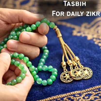 Amazing Gemstone Crystal Tasbeeh with Moon and Star Charm - Certified Crystal Muslim Prayer Beads Natural Gemstone Tasbih Gift for Ramadan Dhikr and Daily Namaz (G) - color: Green Aventurine