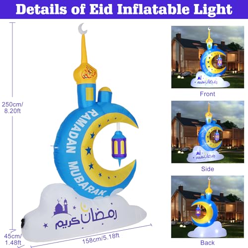 Lewondr 8.20FT Outdoor Inflatable Ramadan Moon Decorations,Waterproof Inflatable Eid Mubarak Decor,Blow Up Muslim Holy Celebration Decor with LED Lights,Muslim Holidays Inflatable for Yard,Blue Moon - style: Blue Moon