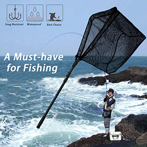 SANLIKE Collapsible Telescopic Fishing Net Rubber Coated Salt/Freshwater | Rubber coated net, fiberglass pole, non-slip rubber handle, various telescopic sizes, one-click storage - color: Black, size: Large