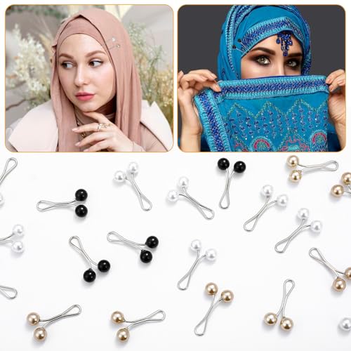 Multicolor Headscarf Pearl Pins Clips,36PCS U Shape Shawl, Muslim Pearl Scarf Clips & Hooks, Rhinestone Brooch Pins, Headscarf Accessories for Women (White, Gold, Black)