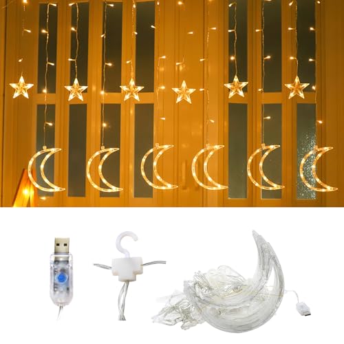 LED Moon Star Curtain String Lights, 138 LED USB Powered Fairy Hanging Lights with 8 Lighting Modes 6-Hour Timer Waterproof for Bedroom Wall Window Christmas Decoration (Moon) - style: Moon