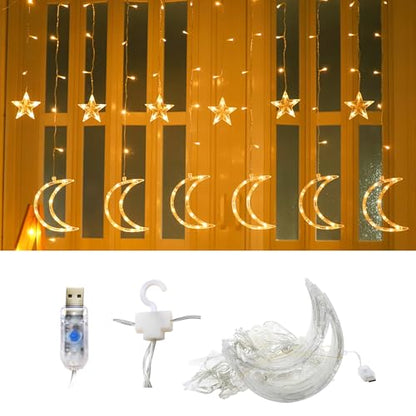 LED Moon Star Curtain String Lights, 138 LED USB Powered Fairy Hanging Lights with 8 Lighting Modes 6-Hour Timer Waterproof for Bedroom Wall Window Christmas Decoration (Moon) - style: Moon
