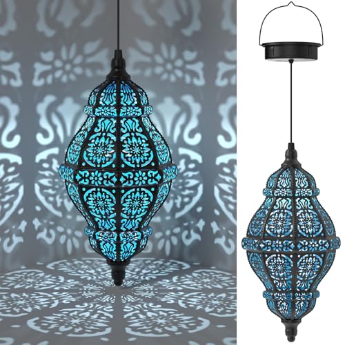 Twinkya 2 Pack Hanging Solar Lights Outdoor Garden Decor, Waterproof Plastic Moroccan Solar Powered Lantern Lamp, Outside Decorations for Patio Yard Porch Backyard Decor, Gardening Gifts for Women Mom - color: Blue Black, size: 2pack