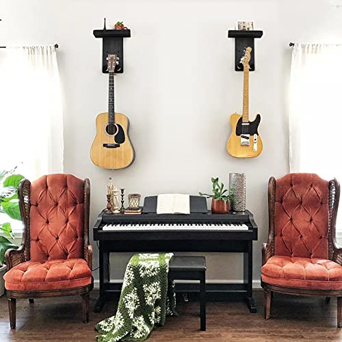 Keebofly Guitar Wall Hanger,2 Pack Guitar Wall Mount Holder Guitar Hanger Shelf with Pick Holder Wood Guitar Rack for Acoustic or Electric Guitar,Ukulele,Bass,Mandolin Black,[Patented] - color: 2 Pack_Black