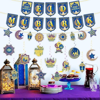 Ramadan Decorations for Home,Blue and Gold Ramadan Eid Mubarak Banner, Hanging Swirls Streamer Bunting for Muslim Islamic Kareem Festival Al-Fitr Iftar Party Favors Supplies