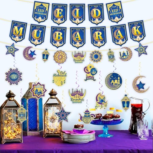 Ramadan Decorations for Home,Blue and Gold Ramadan Eid Mubarak Banner, Hanging Swirls Streamer Bunting for Muslim Islamic Kareem Festival Al-Fitr Iftar Party Favors Supplies