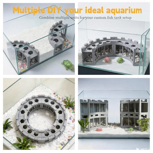 Aquarium Underground Corner Cave Hideout, Natural Curve with Chain Design, Fish Tank Decor Includes Stones & Turtle Ornament, Hiding Tunnel Perfect for Betta Shrimp Corydoras Kuhli Loach Pleco