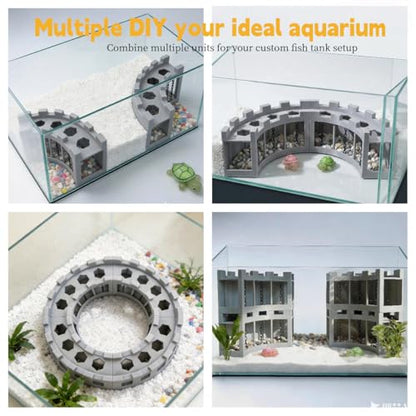 Aquarium Underground Corner Cave Hideout, Natural Curve with Chain Design, Fish Tank Decor Includes Stones & Turtle Ornament, Hiding Tunnel Perfect for Betta Shrimp Corydoras Kuhli Loach Pleco