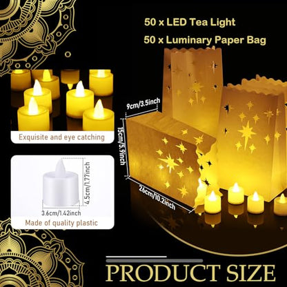 Sabary 50 Sets Luminary Bags with Flameless Tea Lights Outdoor Luminaries LED Lantern Candle Bags for Wedding Birthday Ramadan Christmas Party Decorations Romantic Decor(Firework) - style: Firework