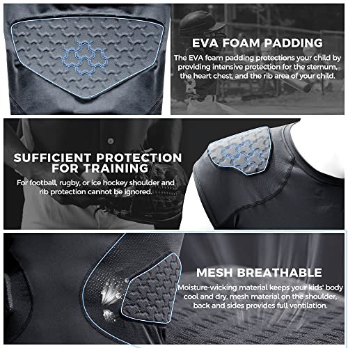 COOLOMG Youth Football Padded Shirt Chest Rib Protector | Football Compression Undershirt Heart Sternum Shoulder Protection - color: Black, size: X-Large
