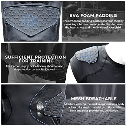 COOLOMG Youth Football Padded Shirt Chest Rib Protector | Football Compression Undershirt Heart Sternum Shoulder Protection - color: Black, size: X-Large