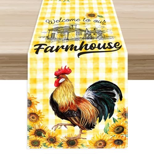 Farmhouse Rooster Table Runner,Rustic Yellow Sunflower Floral Farm Chicken Animal Table Center Decor for Farmhouse Kitchen Family Holiday Party Indoor Outdoor, 13"x36" - color: Rooster-11, size: 13"X36"