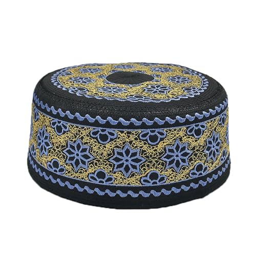 Mens Embroidered Kufi Muslim Prayer Hat Soft Islam Religious Arabic Cap - color: Blue&gold, size: Medium