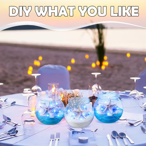 RoundFunny 12 Set 30 oz Beach Themed Party Table Centerpieces 4" Heavy Duty Round Plastic Fish Bowls Mixed Beach Natural Seashell Starfish with Blue Lights for Wedding Baby Shower Ocean Party Supplies