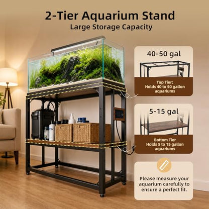 40 Gallon Tank Stand with Power Outlets - Heavy Duty Metal Fish Tank Stands for Turtle Reptile Terrarium, 2-Tier Aquarium Stand with Adjustable Wood Storage Shelf, 660LBS Capacity (Rustic Brown, 36.6"x18.5"x29") - color: Rustic Brown-with Power Outlets, s