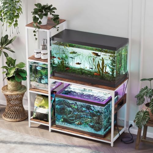 VOWNER 20-29 Gallon Fish Tank Stand with Power Outlet, Aquarium Stand,White | Shelves for Fish Tank Accessories Storage, Heavy Duty Metal Frame, Turtle Reptile Terrarium Stand, Load 500lb - color: White