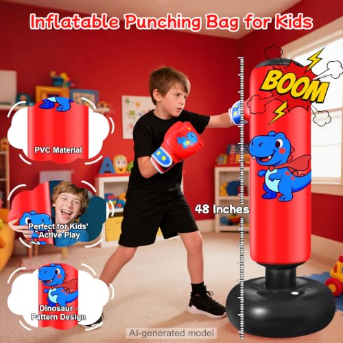 Inflatable Punching Bag for Kids: Qoosea 48 Inches Kids Bop Bag Boxing Gloves & Air Pump Dinosaur Toy Gift for Toddler & Kid Ages 3-8,Freestanding Punching Bag Easy to Inflate,Boxing Bag - color: Red